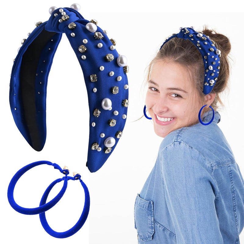 Knotted Jeweled Headband with Big Hoop Earrings Pearl Rhinestone Jeweled Knotted Headband Football Headband Fashion Elegant Ladies Wide Top Knot Bride Headband Bachelorette Party Hair Accessories