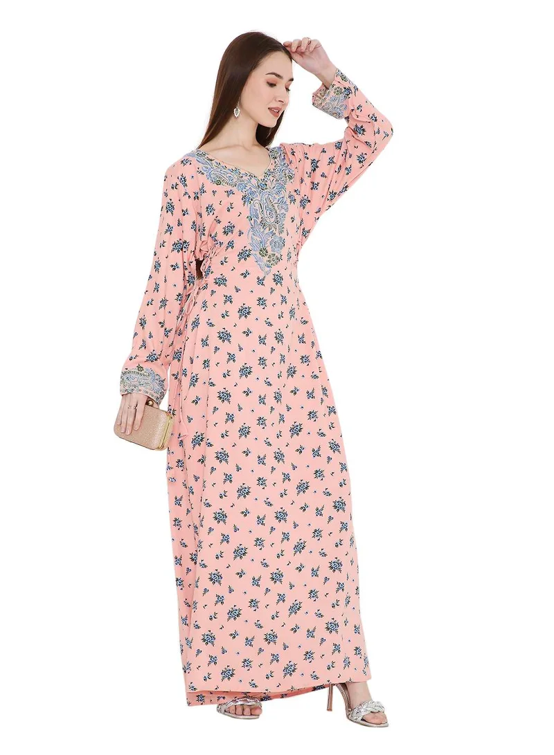 HANA & SARA MULTICOLOUR PRINTED WITH STONE BEADED ON EMBROIDERY STYLISH ARABIC  JALABIYA DRESS