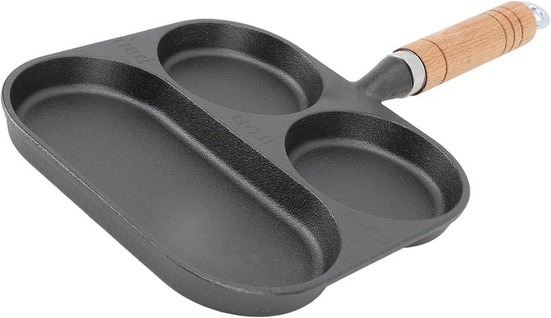 3 Section Breakfast Pan, Non Coating Egg Frying Pan, Cast Iron Divided Grill Frying Pan with Wood Handle, Fast Heating Thicken Pancake Pan for Home Cooking, - Image 2