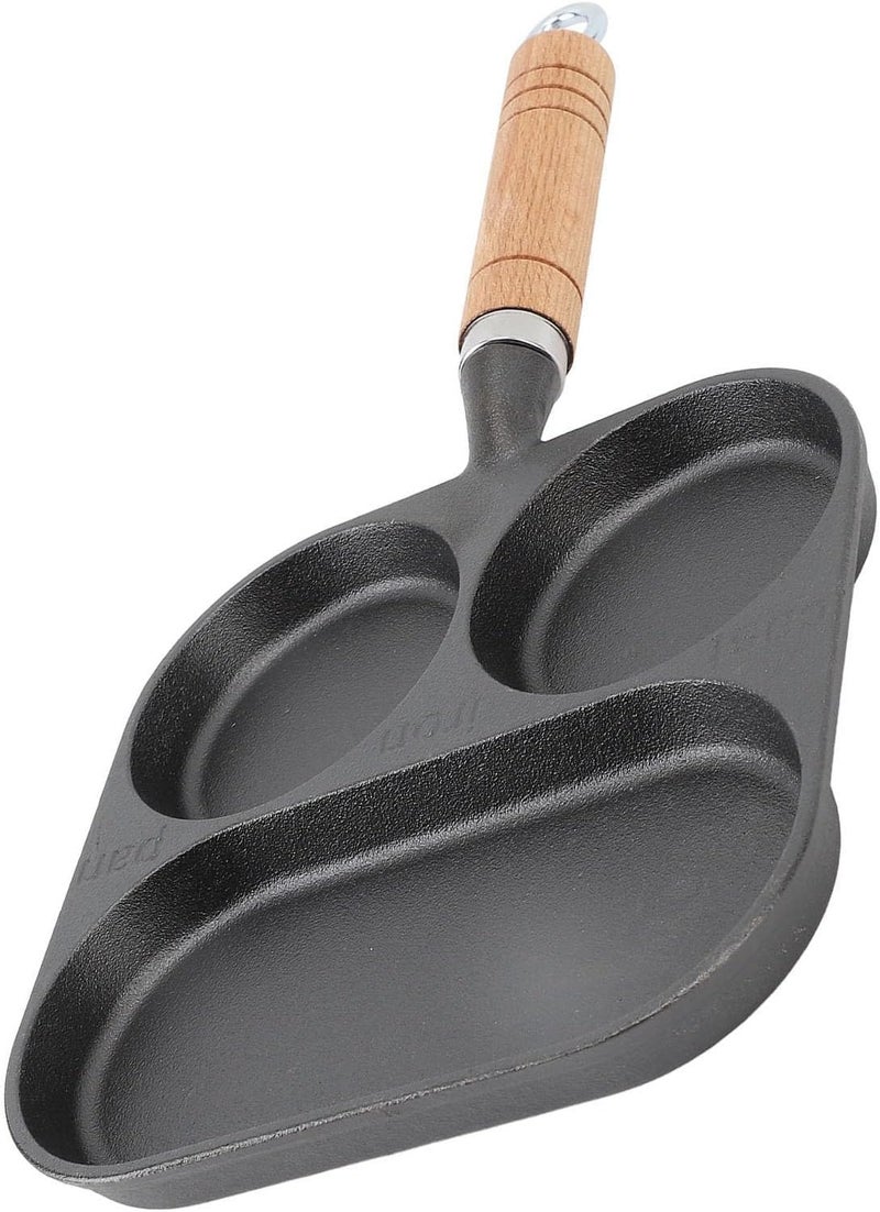 3 Section Breakfast Pan, Non Coating Egg Frying Pan, Cast Iron Divided Grill Frying Pan with Wood Handle, Fast Heating Thicken Pancake Pan for Home Cooking, - Image 4