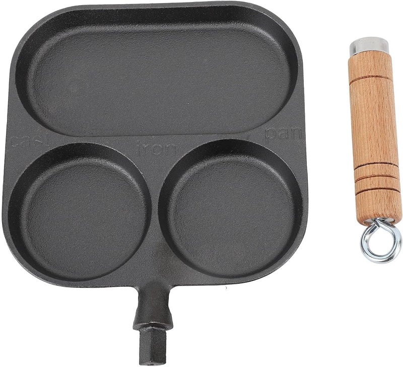 3 Section Breakfast Pan, Non Coating Egg Frying Pan, Cast Iron Divided Grill Frying Pan with Wood Handle, Fast Heating Thicken Pancake Pan for Home Cooking, - Image 1