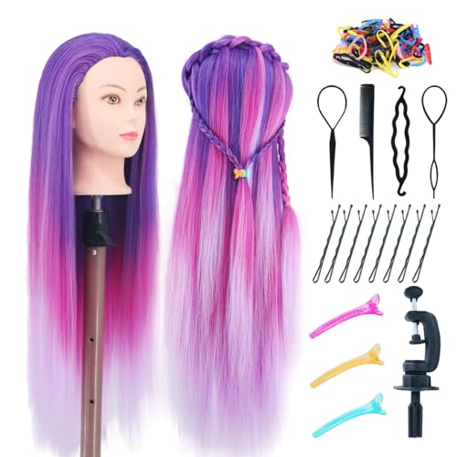 Eumos Mannequin Head with Hair 29 Manikin Head with hair Cosmetology Mannequin Head for Hair Styles Hairdressing Practice Training Doll Heads with Clamp Holder and Braiding Kit Mixed Purple - Image 1