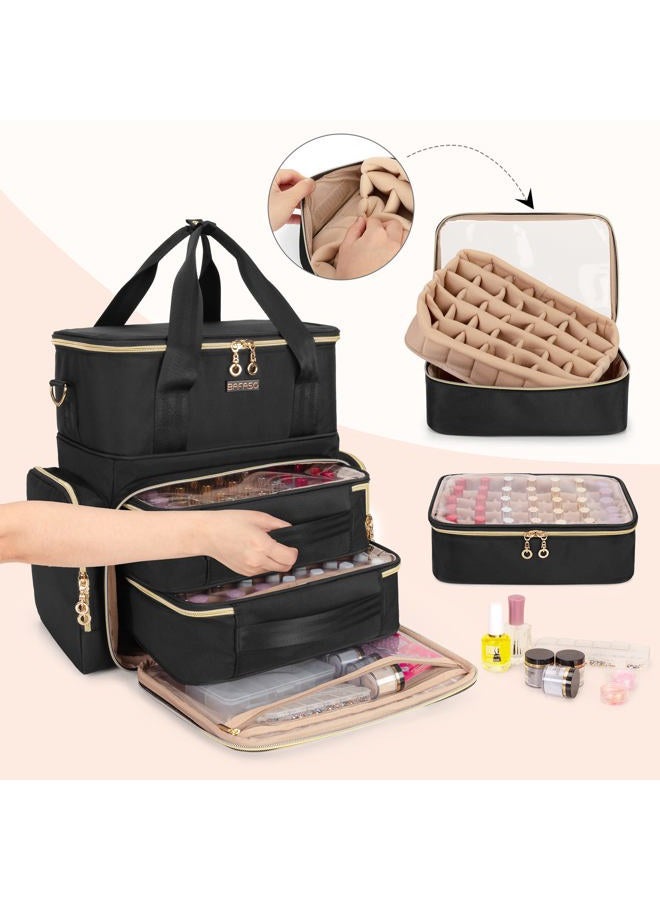 BAFASO Double Layer Nail Polish Organizer Holds 70 Bottles (15ml - 0.5 fl.oz) and a Nail Dryer, Nail Polish Case with 2 Removable Pouches and Tools Storage Sections (Patented), Black - Image 2