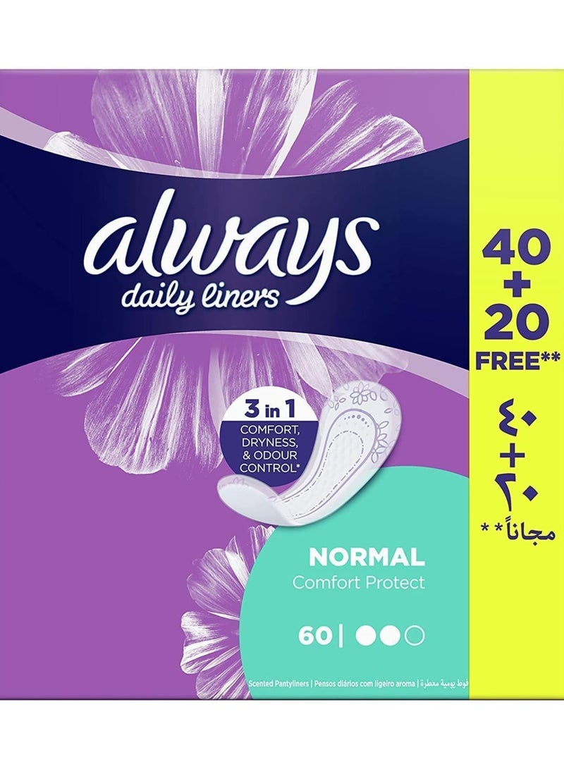 Always 60 Count Daily Liners Comfort Protect, Normal