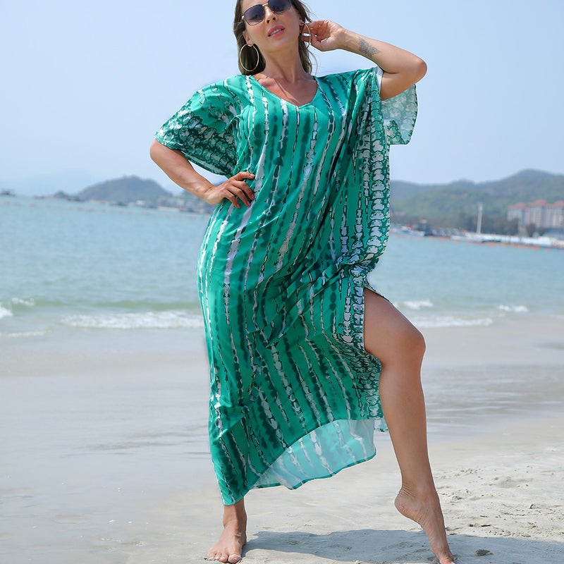 Generic 2024 European and American Beach Blouse Quick-drying Smudged Loose Large Size Vacation Robe Beach Skirt Bikini Sun Protection Shirt Malachite green 72 