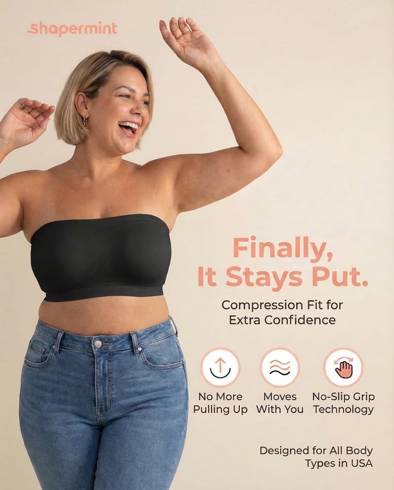 SHAPERMINT Strapless Bras for Women - Bandeau Bra, Small to Plus Size Bras for Women, Strapless Top Black - Image 2