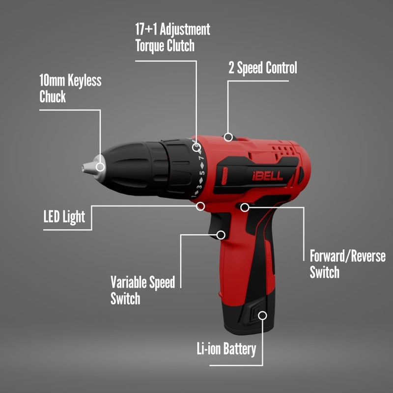IBELL 12V Cordless Drill Driver CD127417 Settings 1 Mode setting1450 RPM10mm Keyless ChuckLED Light 2Speed Mode1500mAh Battery32 AccessoriesPerfect for Home DIY Projects - Image 5