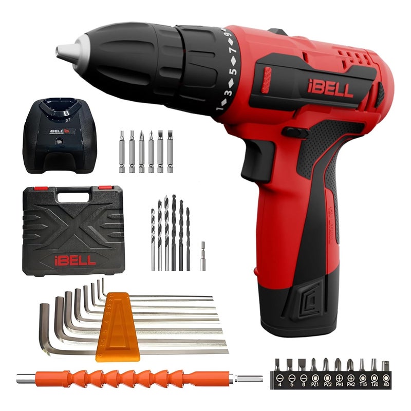 IBELL 12V Cordless Drill Driver CD127417 Settings 1 Mode setting1450 RPM10mm Keyless ChuckLED Light 2Speed Mode1500mAh Battery32 AccessoriesPerfect for Home DIY Projects - Image 1