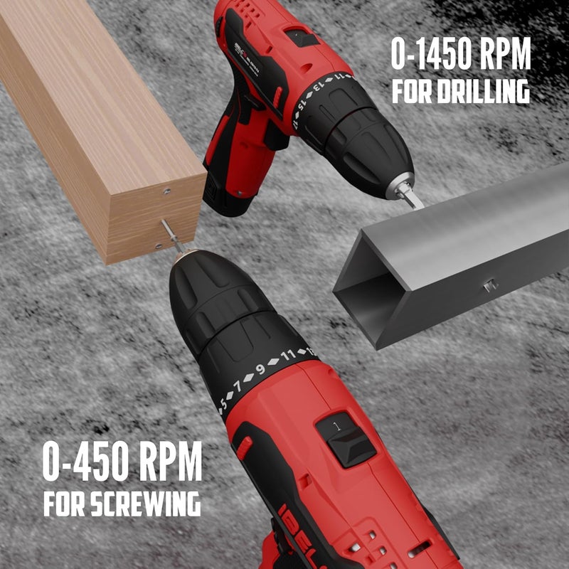 IBELL 12V Cordless Drill Driver CD127417 Settings 1 Mode setting1450 RPM10mm Keyless ChuckLED Light 2Speed Mode1500mAh Battery32 AccessoriesPerfect for Home DIY Projects - Image 2