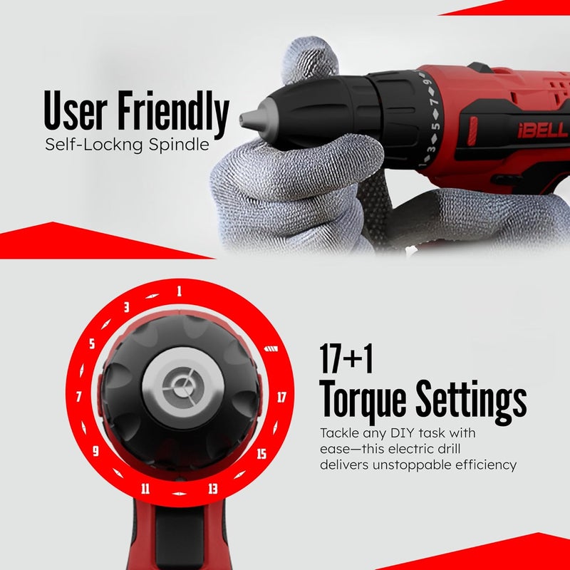 IBELL 12V Cordless Drill Driver CD127417 Settings 1 Mode setting1450 RPM10mm Keyless ChuckLED Light 2Speed Mode1500mAh Battery32 AccessoriesPerfect for Home DIY Projects - Image 4