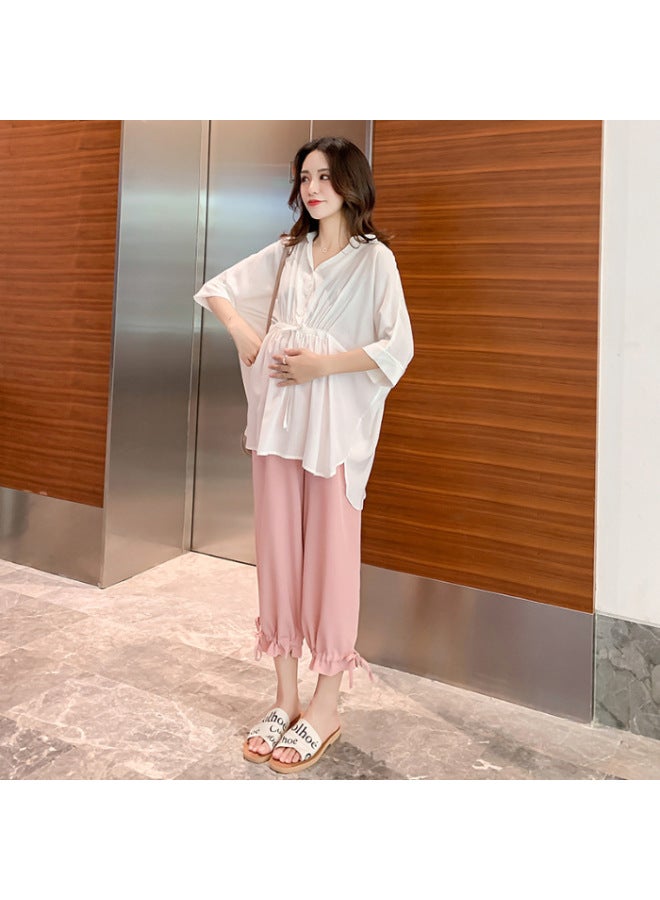 Pregnant Women's Clothing 2022 Summer Korean Chiffon Shirt Top + Belly Corset Pants Two-piece Pregnant Women's Suit 