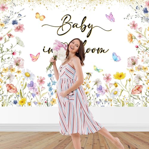 Mocsicka 7x5ft Baby in Bloom Baby Shower Backdrop Wildflower Party Decorations for Girl Gold Glitter Butterfly Photography Background (7x5ft(82''x60''), Pink) - Image 2