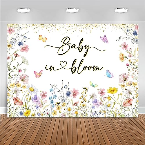 Mocsicka 7x5ft Baby in Bloom Baby Shower Backdrop Wildflower Party Decorations for Girl Gold Glitter Butterfly Photography Background (7x5ft(82''x60''), Pink) - Image 1