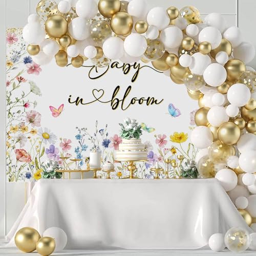 Mocsicka 7x5ft Baby in Bloom Baby Shower Backdrop Wildflower Party Decorations for Girl Gold Glitter Butterfly Photography Background (7x5ft(82''x60''), Pink) - Image 3
