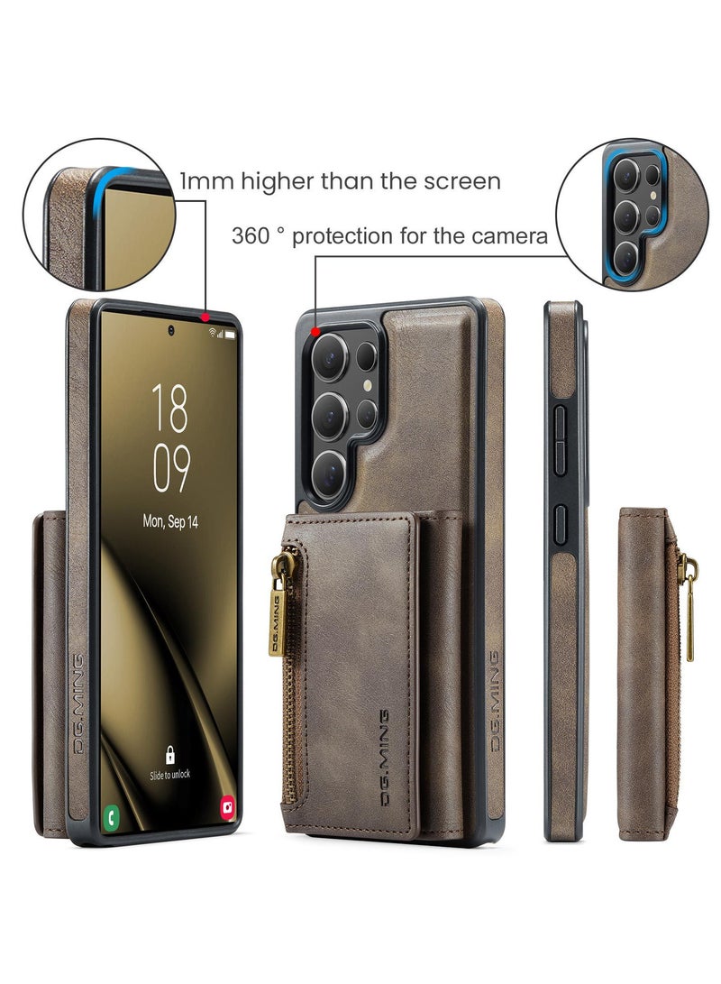 DGMING CaseMe Wallet Case for Samsung Galaxy S25 Ultra DGMING Premium Leather Phone Case Back Cover Magnetic Detachable with Trifold Wallet Card Holder Pocket - Coffee  - Image 2