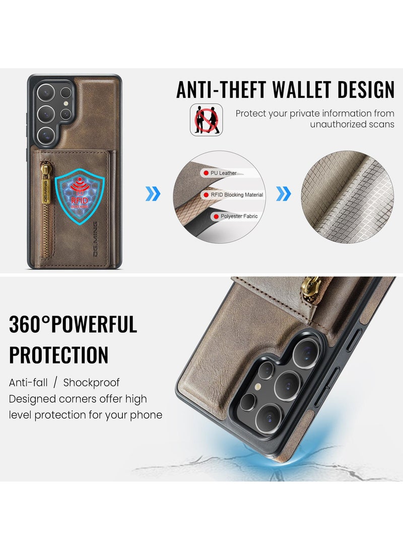 DGMING CaseMe Wallet Case for Samsung Galaxy S25 Ultra DGMING Premium Leather Phone Case Back Cover Magnetic Detachable with Trifold Wallet Card Holder Pocket - Coffee  - Image 4