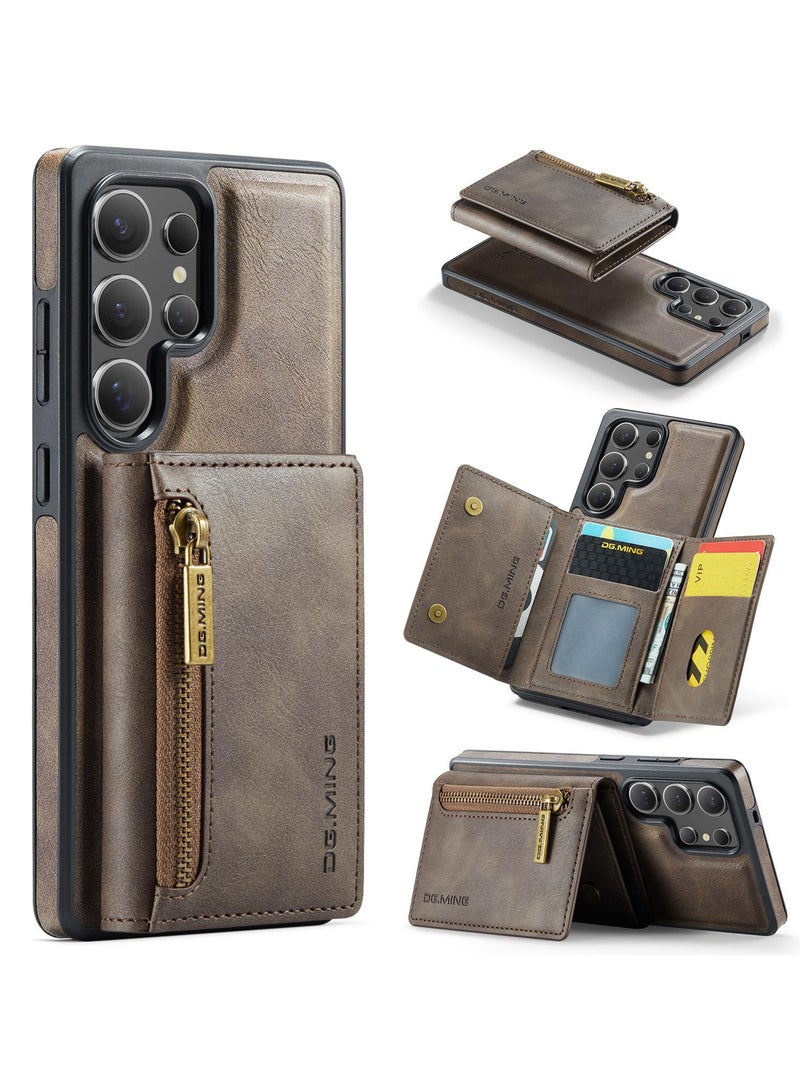 DGMING CaseMe Wallet Case for Samsung Galaxy S25 Ultra DGMING Premium Leather Phone Case Back Cover Magnetic Detachable with Trifold Wallet Card Holder Pocket - Coffee  - Image 1