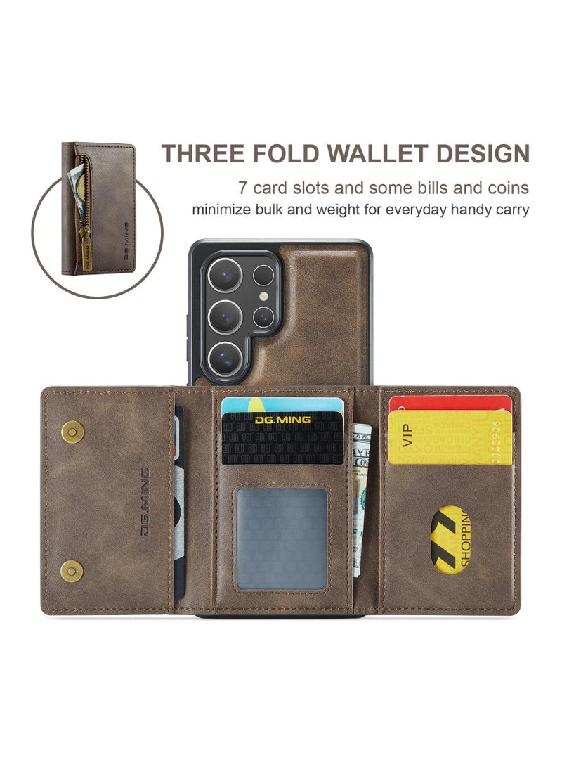 DGMING CaseMe Wallet Case for Samsung Galaxy S25 Ultra DGMING Premium Leather Phone Case Back Cover Magnetic Detachable with Trifold Wallet Card Holder Pocket - Coffee  - Image 5