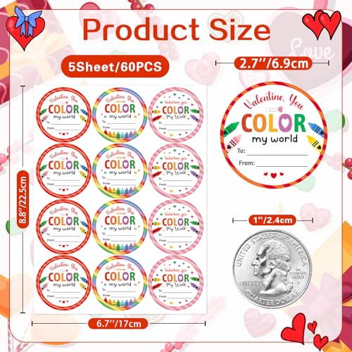 HEYINSHEN Valentine's Day Gift Stickers 60Pcs Valentine's Day Gift Tags Sticker Valentine You Color My World Stickers for Kids Label for Letters Sealing Gifts Wrapping Signature Decoration Party Favor - Image 3