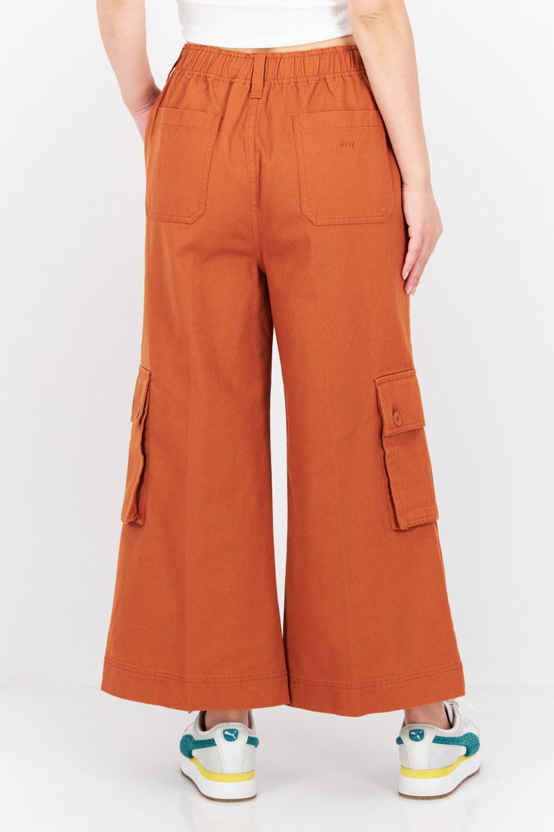 OBEY سروال نسائي بقصة عادية وساق واسعة وقصير، بني - Image 4