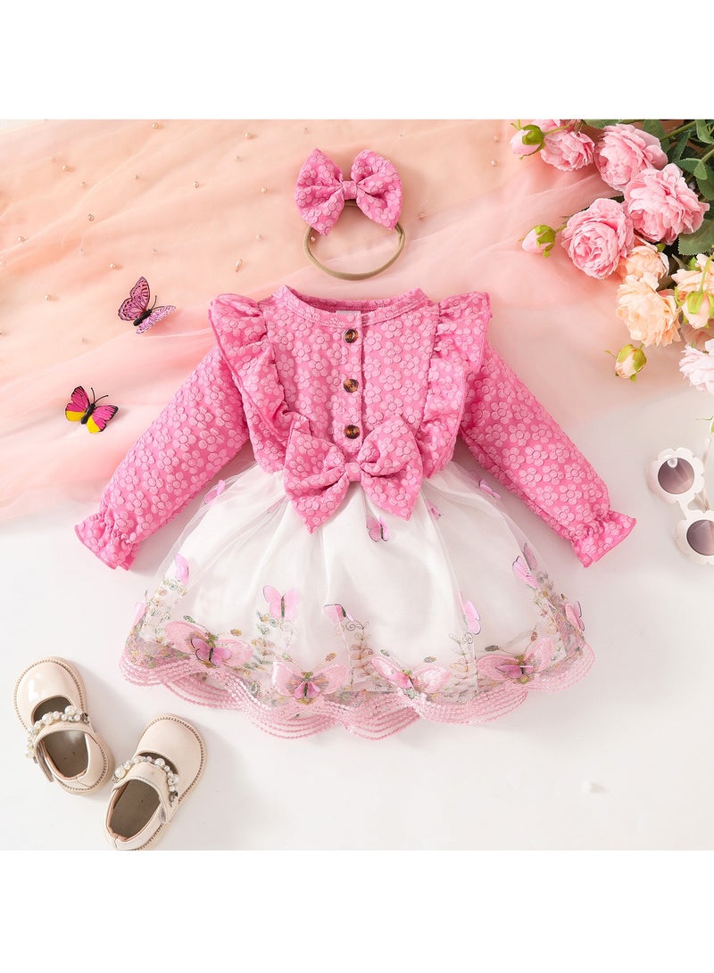 Baby Girl Birthday Party Dress, 18-24M, Elegant Pink Floral Tulle Dress with Butterfly Bow, Special Occasion Toddler Outfit, Long Sleeve Princess Dress - Image 1