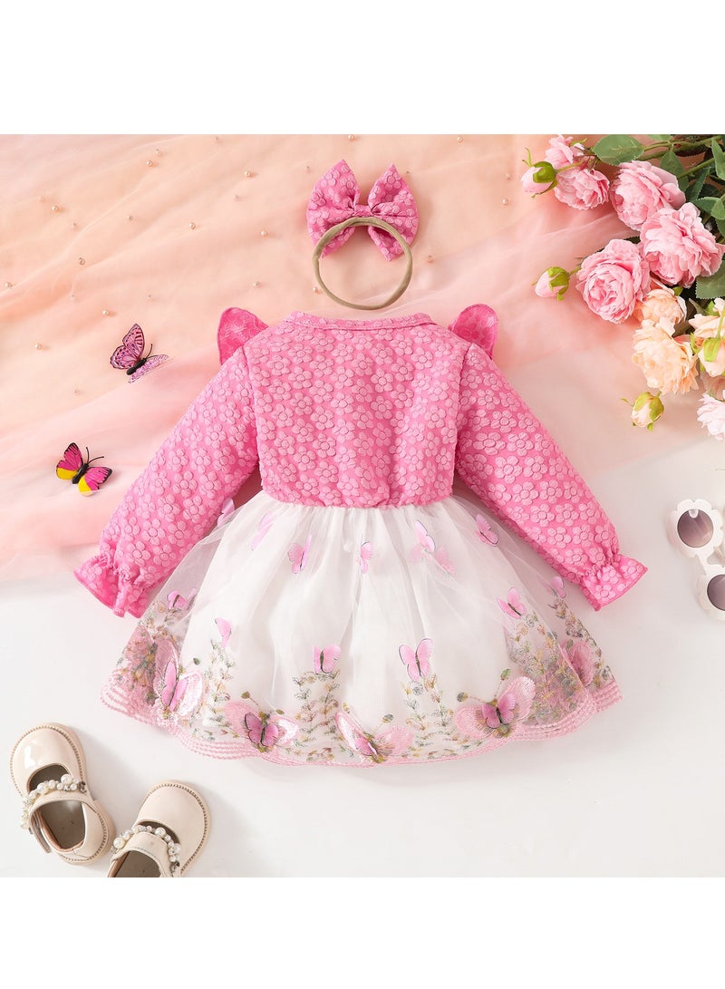Baby Girl Birthday Party Dress, 18-24M, Elegant Pink Floral Tulle Dress with Butterfly Bow, Special Occasion Toddler Outfit, Long Sleeve Princess Dress - Image 2