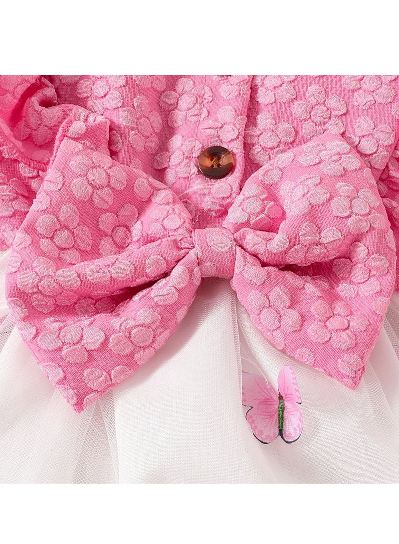 Baby Girl Birthday Party Dress, 18-24M, Elegant Pink Floral Tulle Dress with Butterfly Bow, Special Occasion Toddler Outfit, Long Sleeve Princess Dress - Image 4