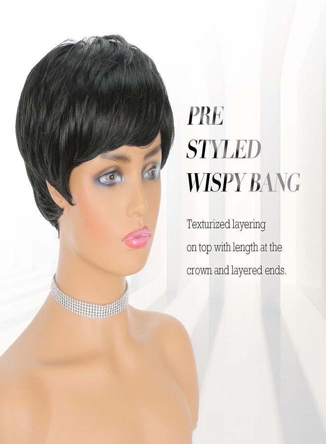 FESHFEN Synthetic Black Wavy Pixie Wig with Bangs, Glueless, Layered, Modern Style for Women - Image 4