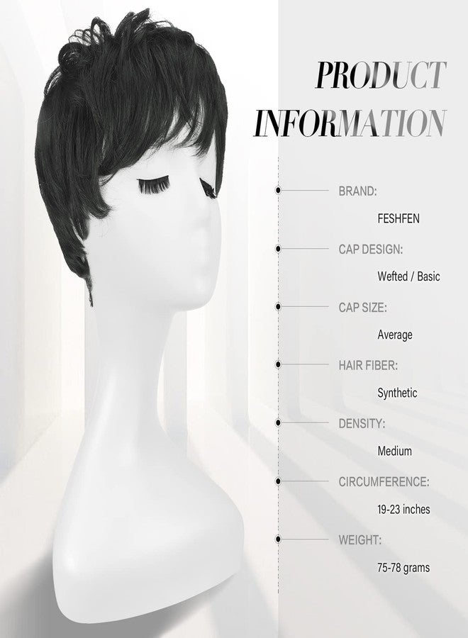 FESHFEN Synthetic Black Wavy Pixie Wig with Bangs, Glueless, Layered, Modern Style for Women - Image 2