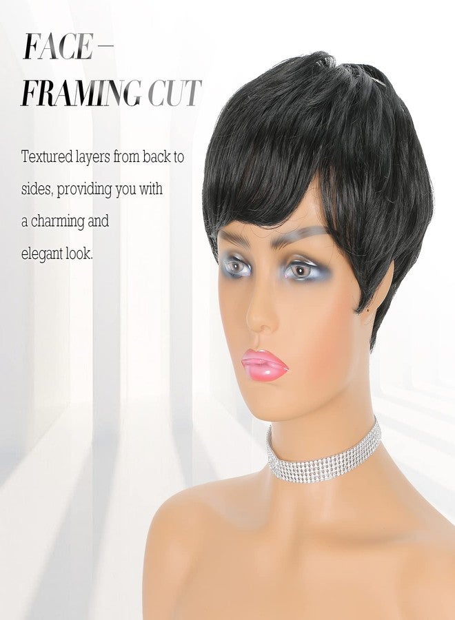 FESHFEN Synthetic Black Wavy Pixie Wig with Bangs, Glueless, Layered, Modern Style for Women - Image 3