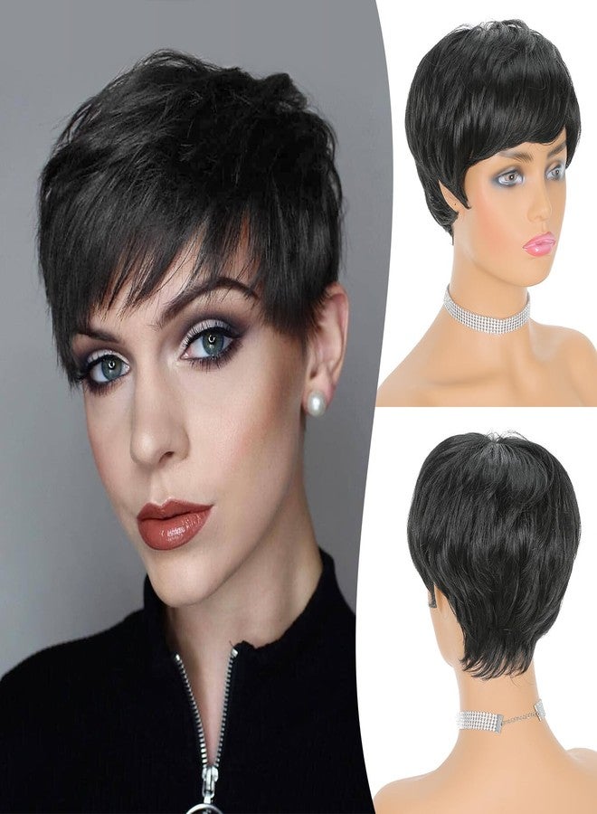 FESHFEN Synthetic Black Wavy Pixie Wig with Bangs, Glueless, Layered, Modern Style for Women - Image 1
