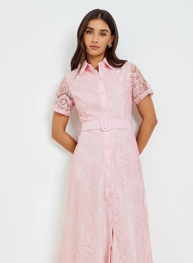 Styli Pink Lace Belted Shirt Maxi Dress