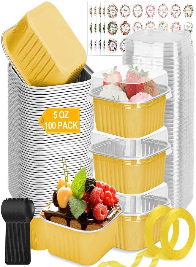 LifeisLuck 100 Pack Mini Cake Pans with Lids and Spoons, 5oz Square Aluminum Foil Loaf Pans Gold Small Cake Tins Disposable Baking Pans Dessert Cupcake Cups with Ribbon Decals for Wedding Birthday Party Picnics - Image 1