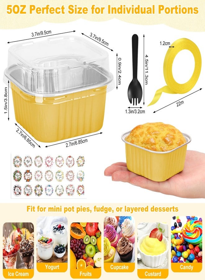 LifeisLuck 100 Pack Mini Cake Pans with Lids and Spoons, 5oz Square Aluminum Foil Loaf Pans Gold Small Cake Tins Disposable Baking Pans Dessert Cupcake Cups with Ribbon Decals for Wedding Birthday Party Picnics - Image 3