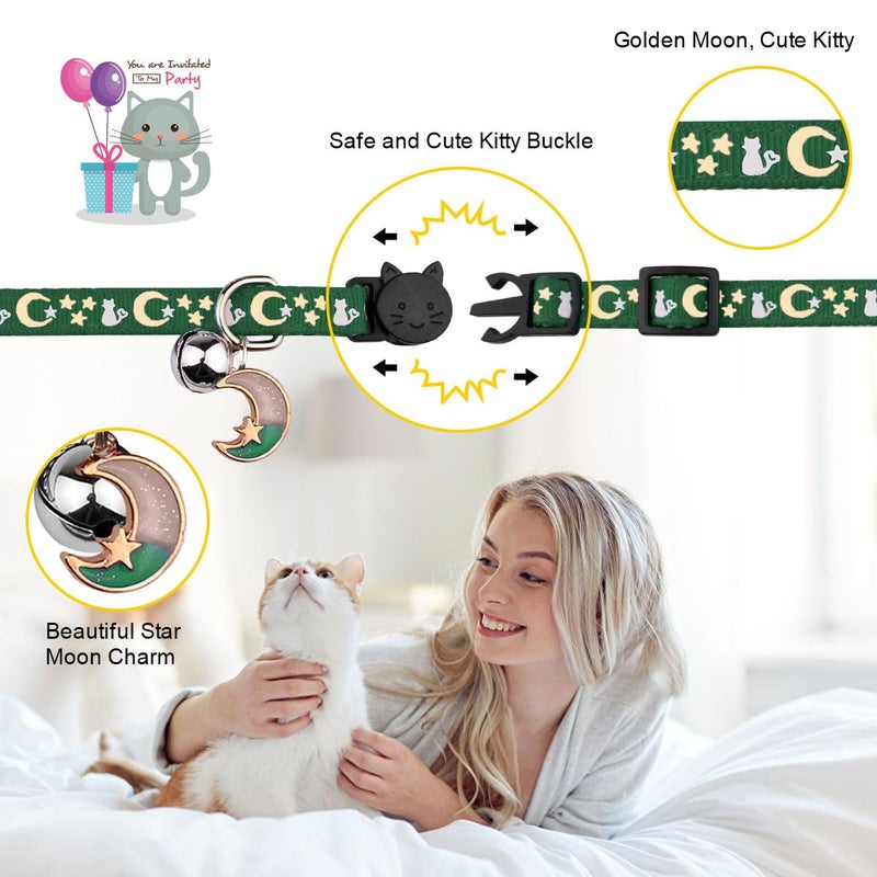Baeuppit 2PCS Breakaway Cat Collars with Bell Cute Kitty Glow in The Dark Adjustable Kitten Collars(Deep Green&Black) - Image 3