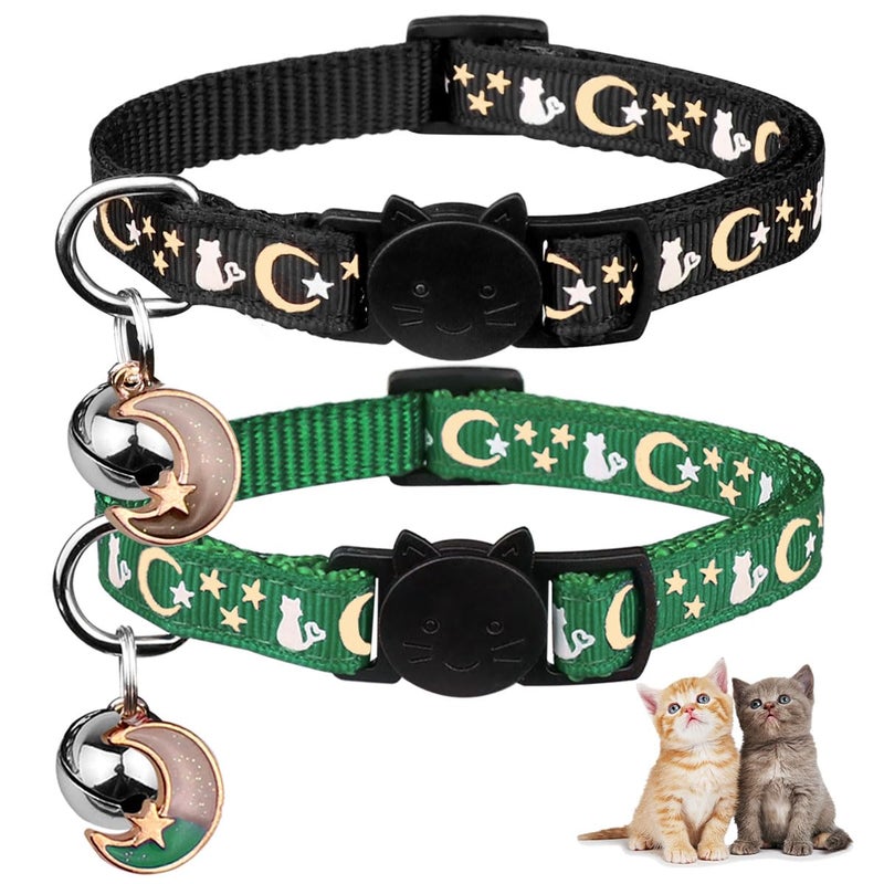 Baeuppit 2PCS Breakaway Cat Collars with Bell Cute Kitty Glow in The Dark Adjustable Kitten Collars(Deep Green&Black) - Image 1