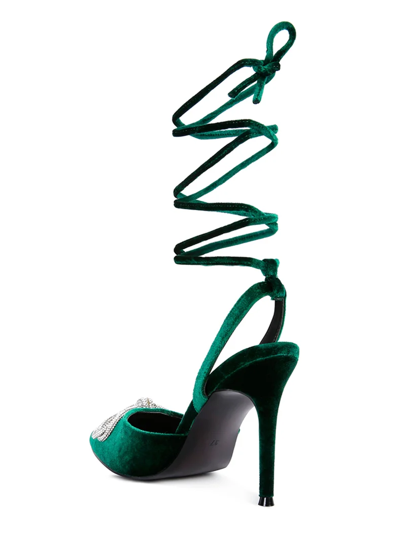 London Rag Rhinestone Embellished Lace Up Sandals in Green