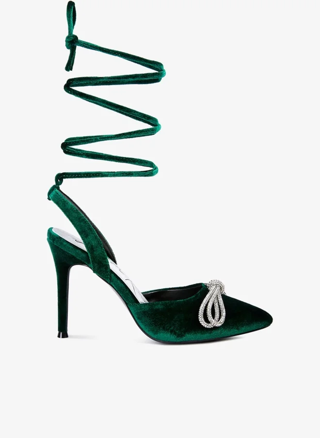 Rhinestone Embellished Lace Up Sandals in Green