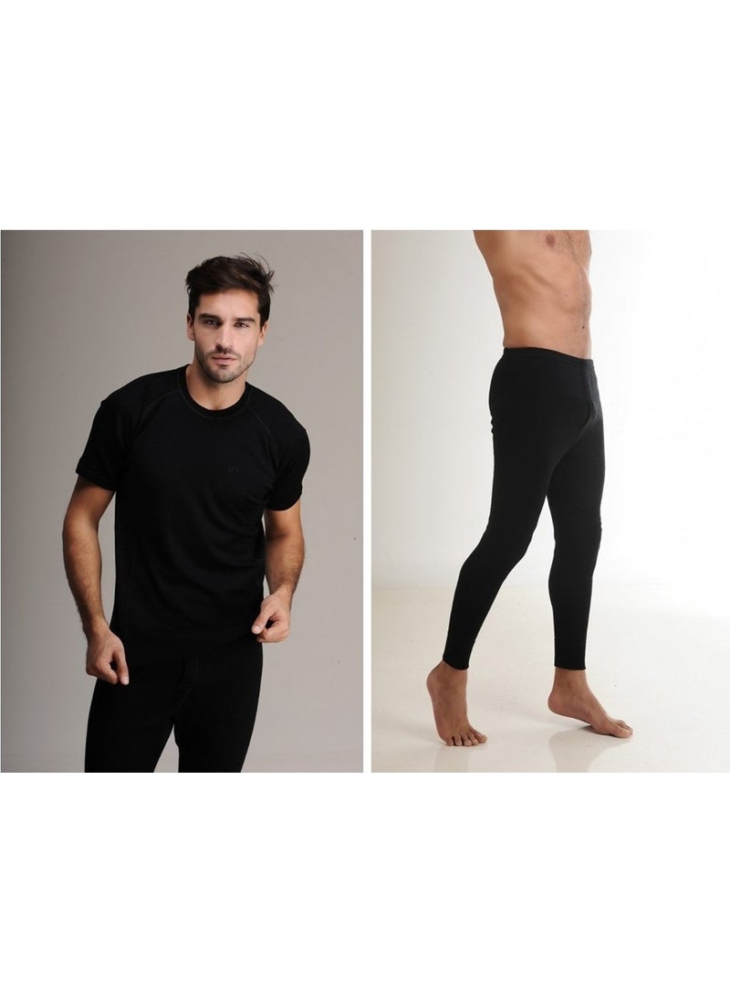 Elif Çamaşır - Elif Underwear Hasyün Men's Wool Short Sleeve Underwear Set Black - Image 1