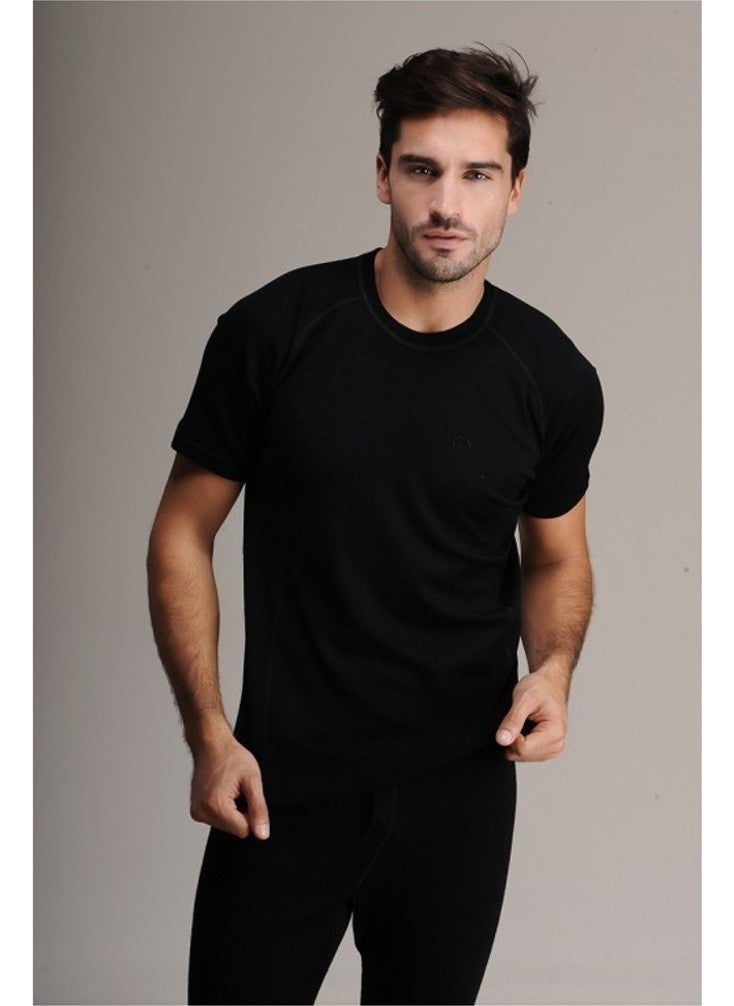 Elif Çamaşır - Elif Underwear Hasyün Men's Wool Short Sleeve Underwear Set Black - Image 1