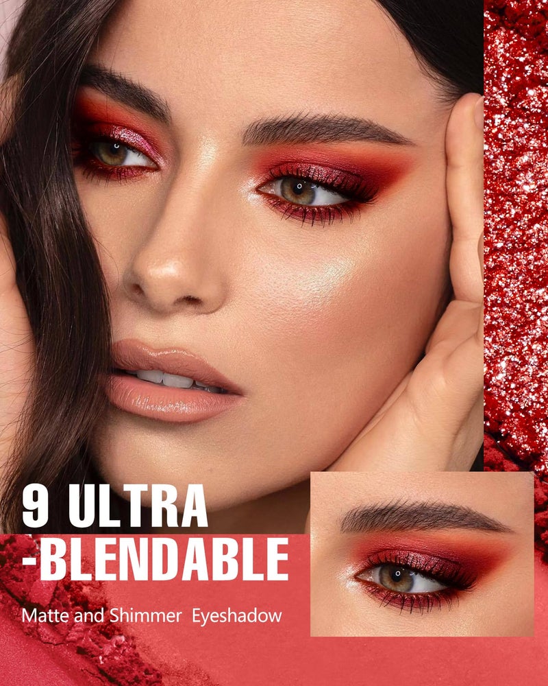MAKI YIKA Red Eyeshadow Palette Matte Eye Shadow for Women Long Lasting High Pigmented 9 Shade Glitter Shimmer Matte Red Eye Shadows -9Red - Image 2