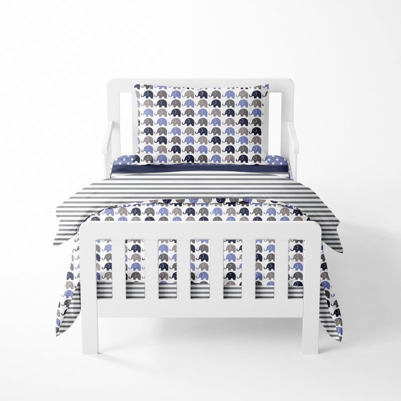 Bacati Bacati Elephants BlueGrey 4 Pc Toddler Bedding Set 100 Percent Cotton Includes Reversible Comforter Fitted Sheet Top Sheet and Pillow Case for Boys