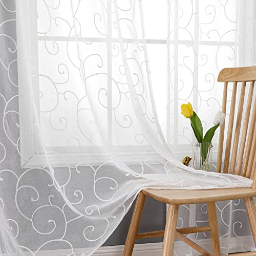 BGment White Sheer Curtains 95 inches Long 2 Panels for Living Room Embroidered Vine Pattern Linen Textured Light Filtering Grommet Window Semi Sheer Voile Drapes Each Panel 52 x 95 Inch