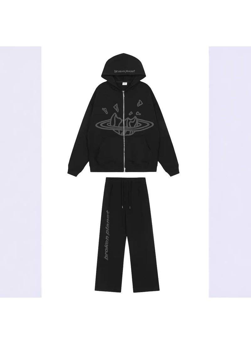Generic - Broken Planet Trendy Letter Print Hoodie Sweatshirt Set Black pants - Image 1