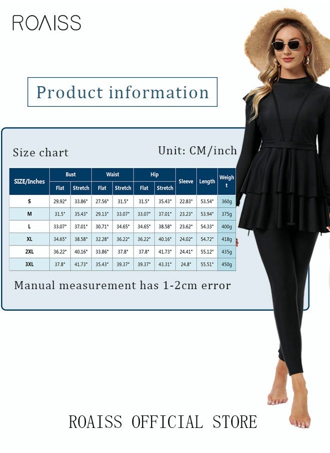 roaiss - One-Piece Women's Conservative Swimsuit Set Muslim Ruffled Hem Swimsuit Long-Sleeved Trousers Ladies Beachwear Skirt Surfing Sunscreen Dress Arabic Clothing Pure Black - Image 1
