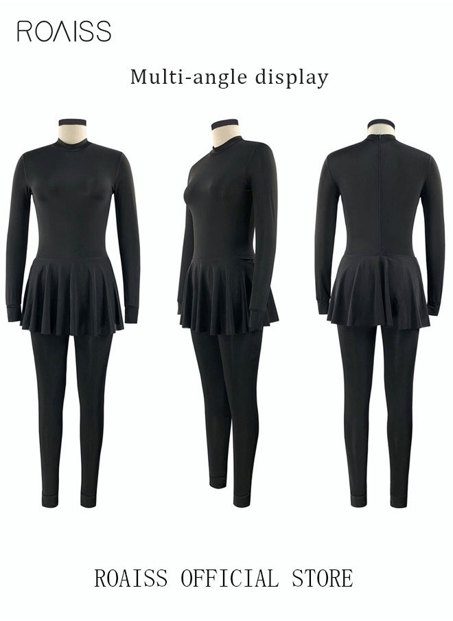 roaiss - One-Piece Women's Conservative Swimsuit Set Muslim Ruffled Hem Swimsuit Long-Sleeved Trousers Ladies Beachwear Skirt Surfing Sunscreen Dress Arabic Clothing Pure Black - Image 1