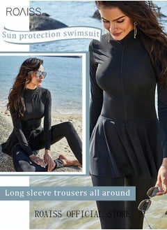 roaiss One-Piece Women's Conservative Swimsuit Set Muslim Ruffled Hem Swimsuit Long-Sleeved Trousers Ladies Beachwear Skirt Surfing Sunscreen Dress Arabic Clothing Pure Black  - Image 2