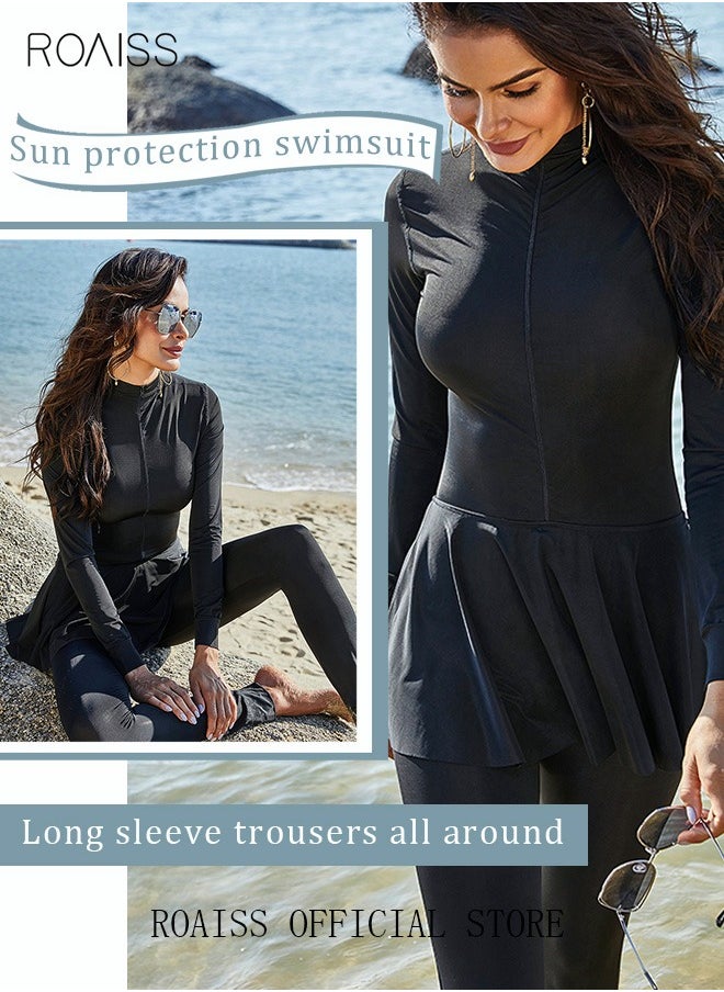 roaiss - One-Piece Women's Conservative Swimsuit Set Muslim Ruffled Hem Swimsuit Long-Sleeved Trousers Ladies Beachwear Skirt Surfing Sunscreen Dress Arabic Clothing Pure Black - Image 1