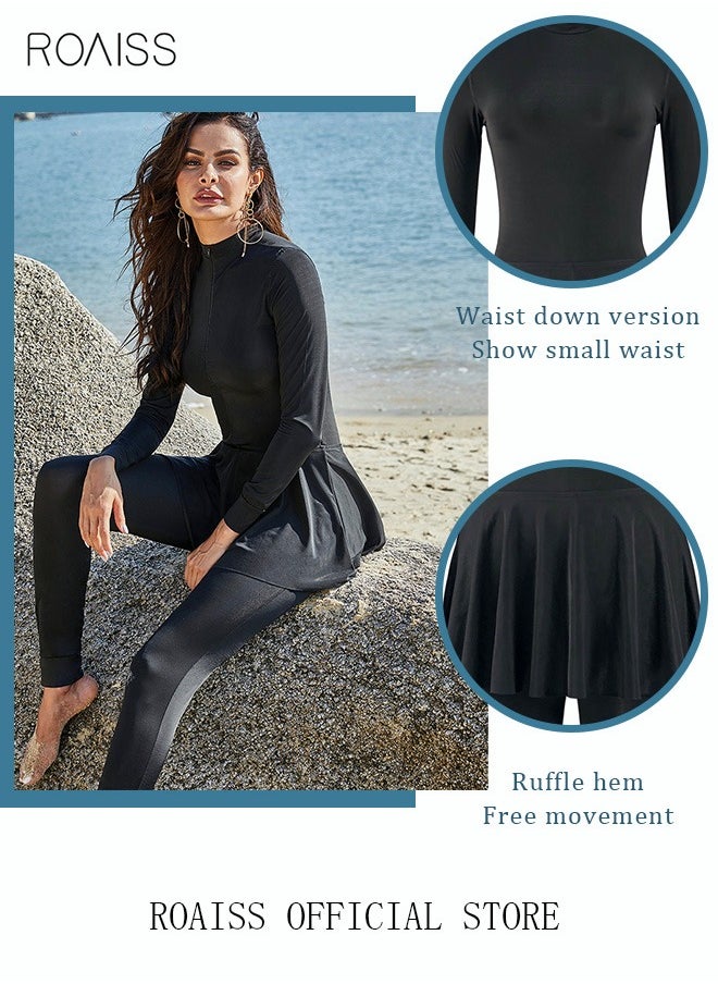 roaiss - One-Piece Women's Conservative Swimsuit Set Muslim Ruffled Hem Swimsuit Long-Sleeved Trousers Ladies Beachwear Skirt Surfing Sunscreen Dress Arabic Clothing Pure Black - Image 1