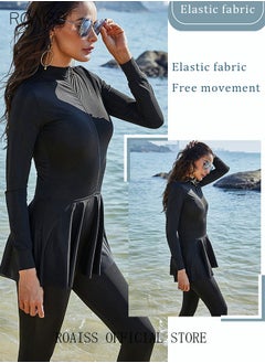 roaiss One-Piece Women's Conservative Swimsuit Set Muslim Ruffled Hem Swimsuit Long-Sleeved Trousers Ladies Beachwear Skirt Surfing Sunscreen Dress Arabic Clothing Pure Black  - Image 5
